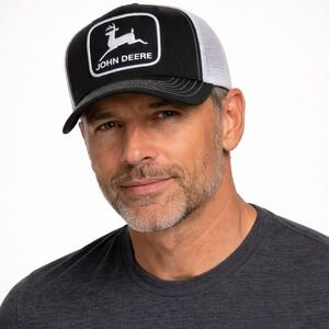 John Deere Trucker Hat Black White Mesh Snapback One Size Adjustable